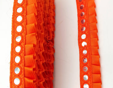 Orange Satin Pleated Lace Trim, Mirrored Fringe Trimming, Approx. 30mm wide